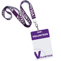 A 10 Pack - Volunteer Lanyard with Badge Set - Pre-Printed Volunteer Design - Dual Sided, paired with a matching badge featuring "VOLUNTEER" at the top and a blank space for information.