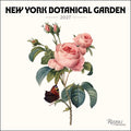 Calendar cover with pink roses and a butterfly, featuring 'New York Botanical Garden' and 'Rizzoli' on a white background.