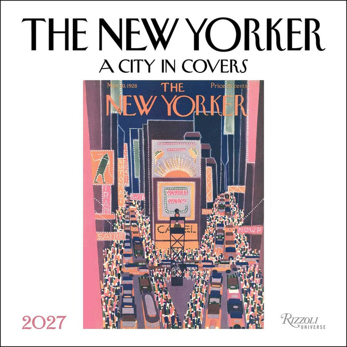 The New Yorker 2027 calendar cover with cityscape illustration and text.