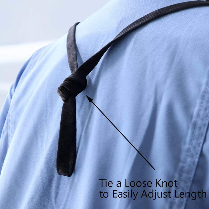 Close-up of the back of a person in a blue shirt, demonstrating how to tie a loose knot in a black strap to easily adjust its length. An arrow points to the knot with text saying, "Tie a Loose Knot to Easily Adjust Length." Perfect for 25 Pack Bulk Double-Ended Lanyards with Bulldog Clips on Each Side Assorted Colors.