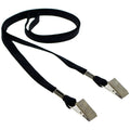 Close-up of a 5 Pack Double Ended Lanyards with Bulldog Clips - Comfortable Premium Economy Neck Strap Badge Holder for Events in black, featuring double-ended lanyards with two metal clips at each end.