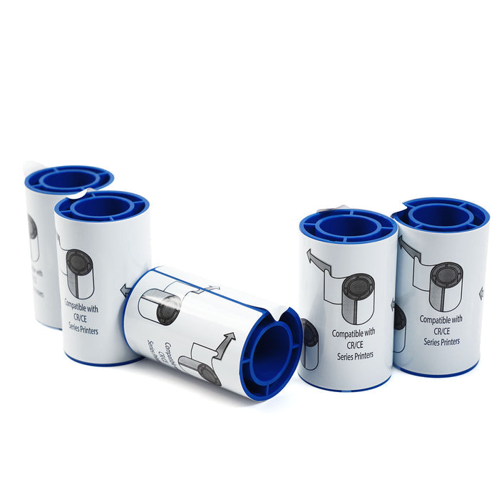 Five Entrust (Datacard) 569946-002 adhesive cleaning sleeves are displayed on a white surface; one sleeve lies horizontally while the others stand upright, making them ideal for use with an ID card printer to ensure printhead protection.