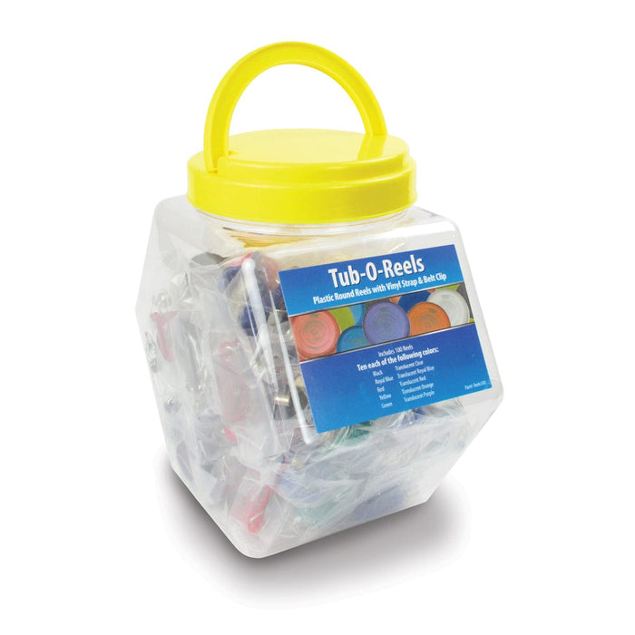 A clear plastic tub with a yellow lid, containing multiple round reels in a variety of colors. The label on the front reads "Assorted Badge Reels TUB-O-REELS" and provides details about the product and its assorted badge reels.