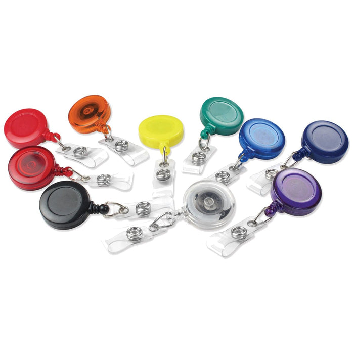 A variety of colorful Assorted Badge Reels TUB-O-REELS are displayed in a semi-circle. The assortment includes red, orange, yellow, green, teal, blue, purple, black, and transparent.