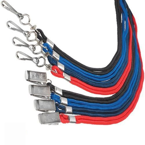 A set of Assorted Non-Breakaway Lanyards TUB-O-LANYARDS in black, blue, and red colors with metal swivel hooks and badge holders attached at the ends. Sold by Specialist ID.