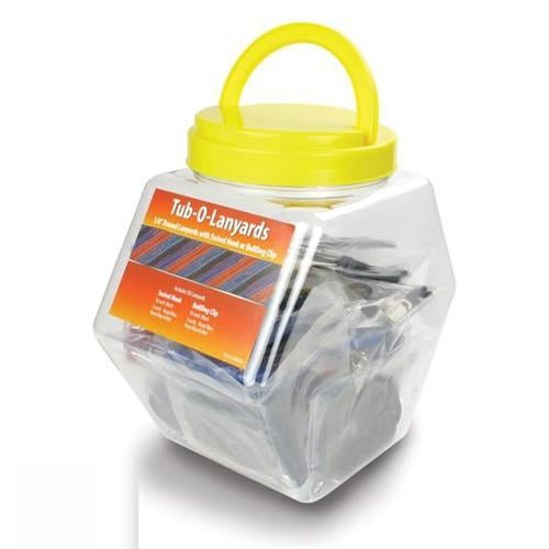 A clear plastic container with a yellow handle and lid, labeled "Assorted Non-Breakaway Lanyards TUB-O-LANYARDS," filled with assorted non-breakaway lanyards, each featuring either a swivel hook or a bulldog clip.