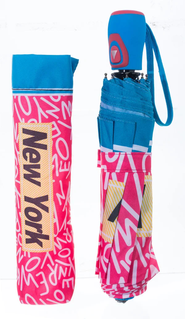Pictured - the Balagan Umbrella in blue and pink folded.
