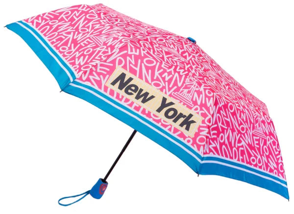 Bright pink and covered edge to edge with bold white “NEW YORK” lettering, this umbrella subtly hides iconic city landmarks within the letter shapes, revealed on closer look. Four “NEW YORK” words in black block lettering appear on alternating canopy panels, each set inside a pale yellow box with a fine white border. A blue and white rim, blue finial and handle, and a one button open complete the design.