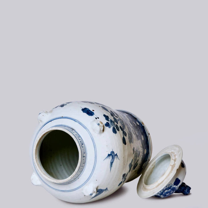Bird and Flower Blue and White Porcelain Temple Jar - Lone Fox