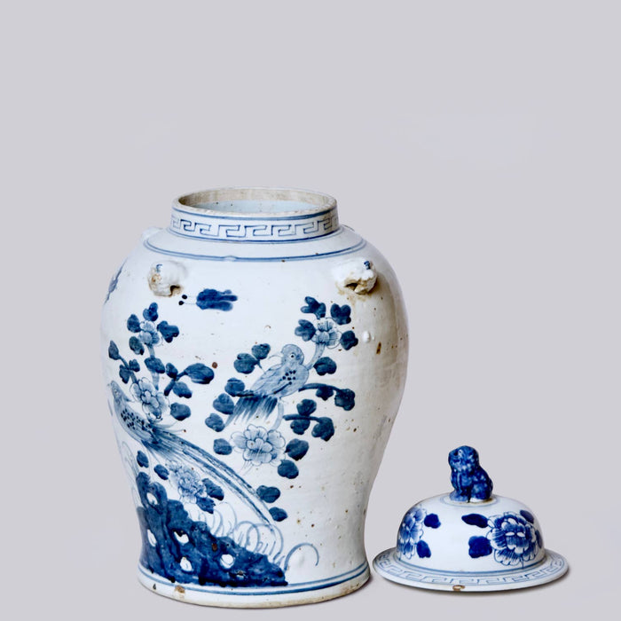 Bird and Flower Blue and White Porcelain Temple Jar - Lone Fox