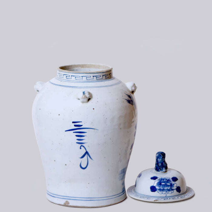 Bird and Flower Blue and White Porcelain Temple Jar - Lone Fox