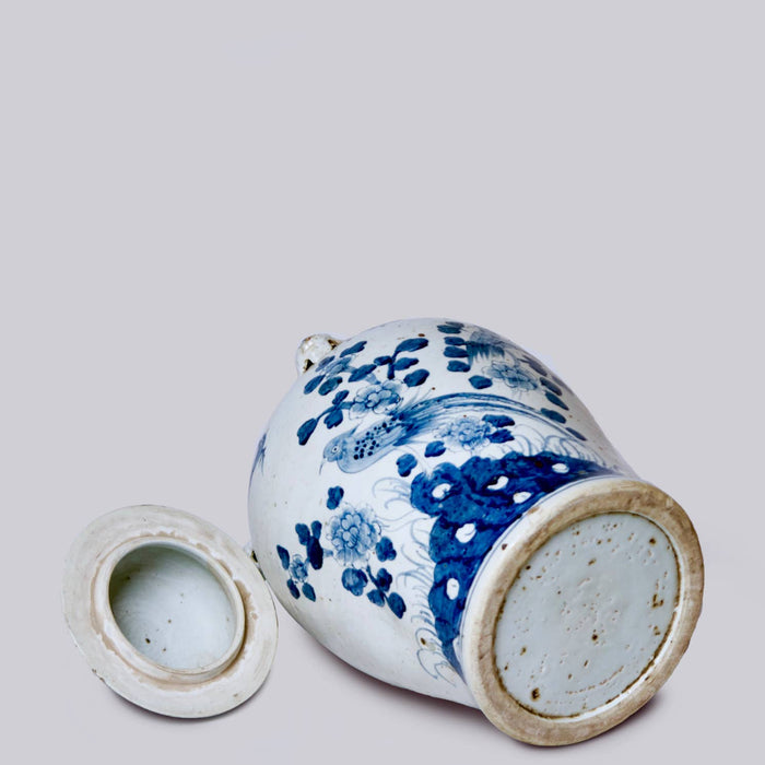 Bird and Flower Blue and White Porcelain Temple Jar - Lone Fox
