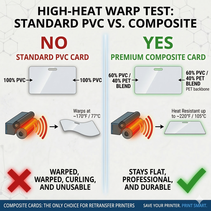 High-heat comparison of standard PVC card and composite PVC/PET card
