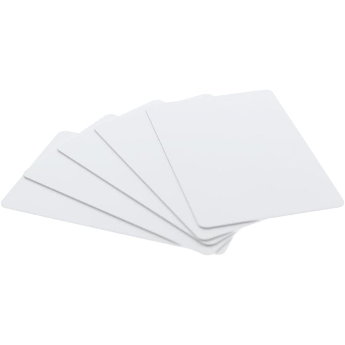 Blank white CR80 30 mil PVC ID cards fanned out on white background