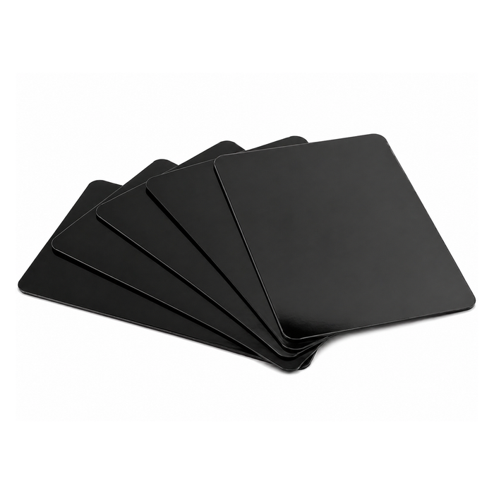 Five of the Blank White PVC Cards for ID Badge Printers - CR80 30 Mil (SPID-9630) are fanned out on a white background, showcasing their crisp, blank appearance—just like they look before being personalized with an ID card printer.