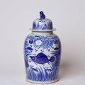Blue and White Porcelain Fish and Lotus Temple Jar - Lone Fox