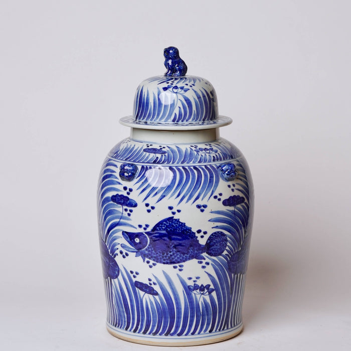 Blue and White Porcelain Fish and Lotus Temple Jar - Lone Fox