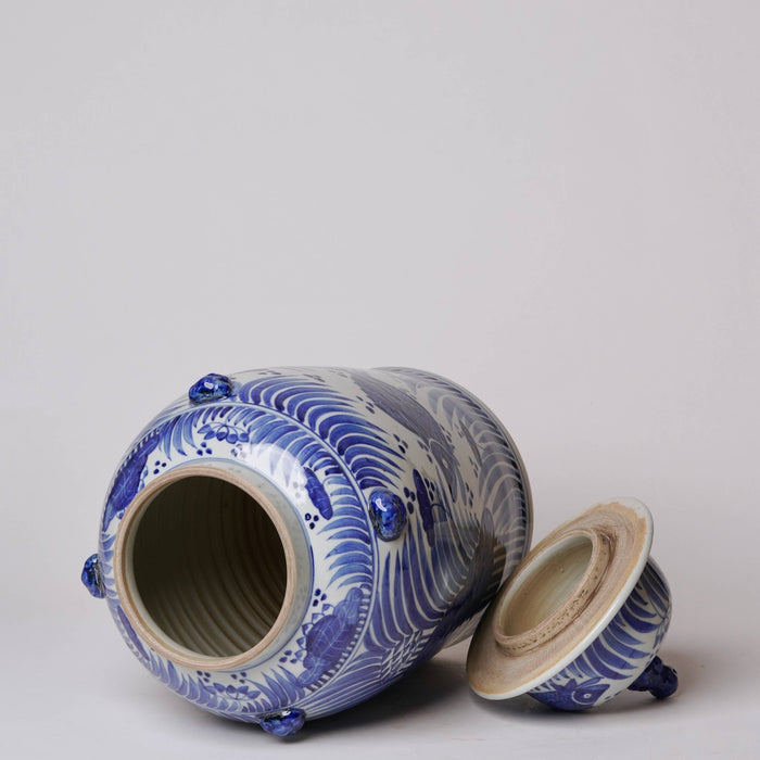 Blue and White Porcelain Fish and Lotus Temple Jar - Lone Fox