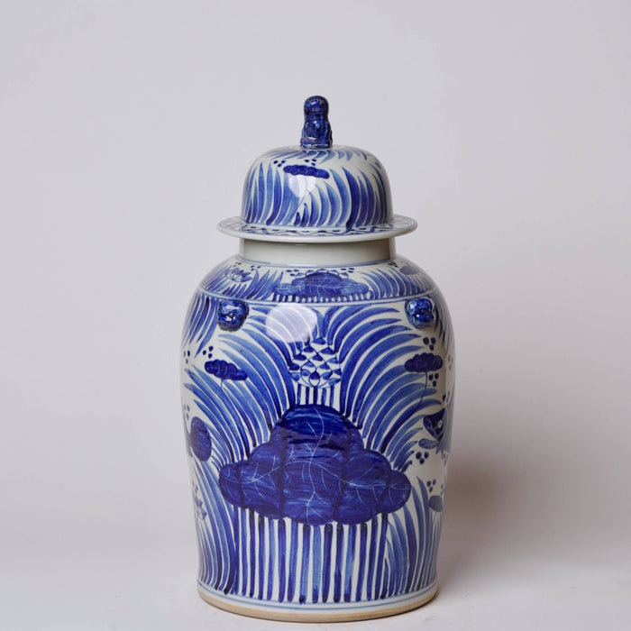 Blue and White Porcelain Fish and Lotus Temple Jar - Lone Fox