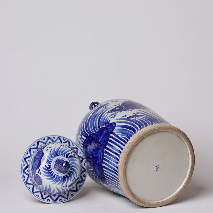 Blue and White Porcelain Fish and Lotus Temple Jar - Lone Fox