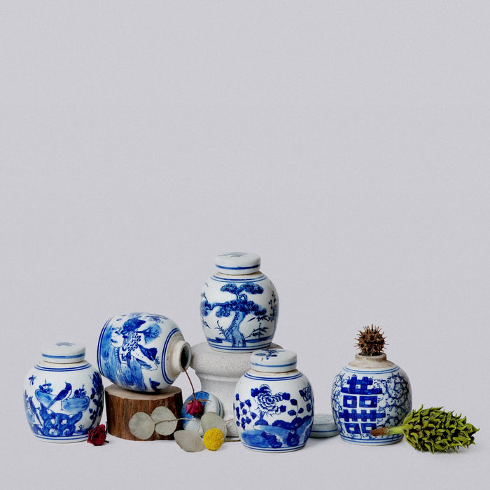 Blue and White Porcelain Mini Bird and Flower Round Jar - Lone Fox