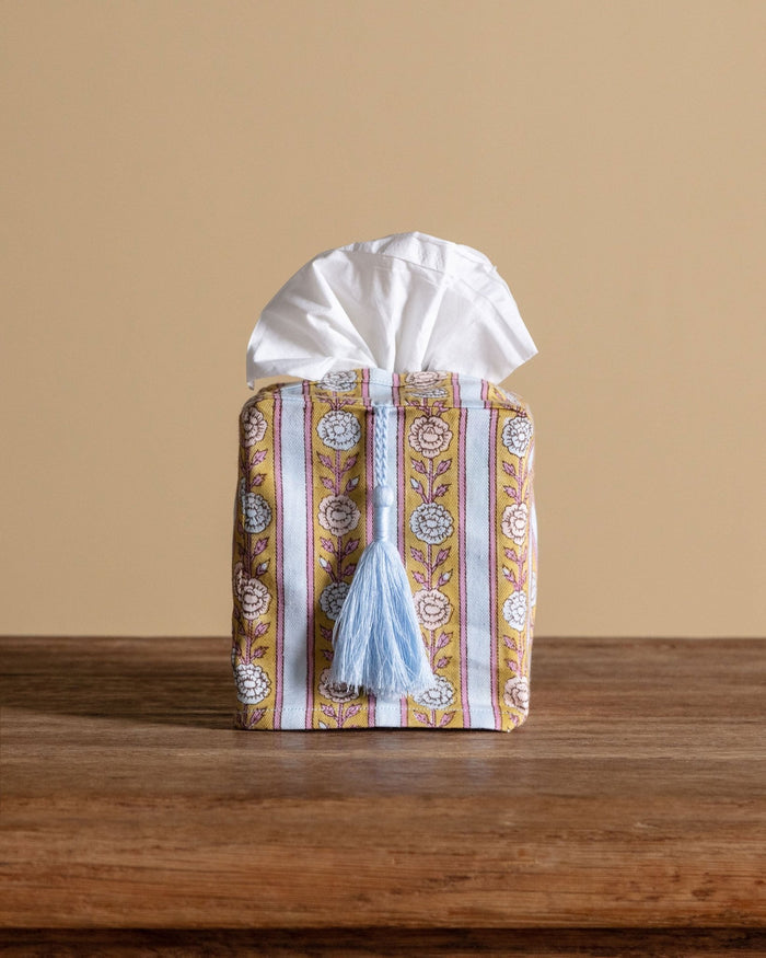 Blue Floral Stripe Blockprint Tissue Box Cover - Lone Fox
