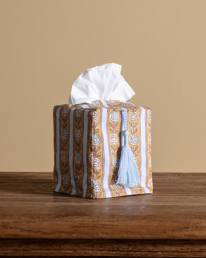 Blue Floral Stripe Blockprint Tissue Box Cover - Lone Fox