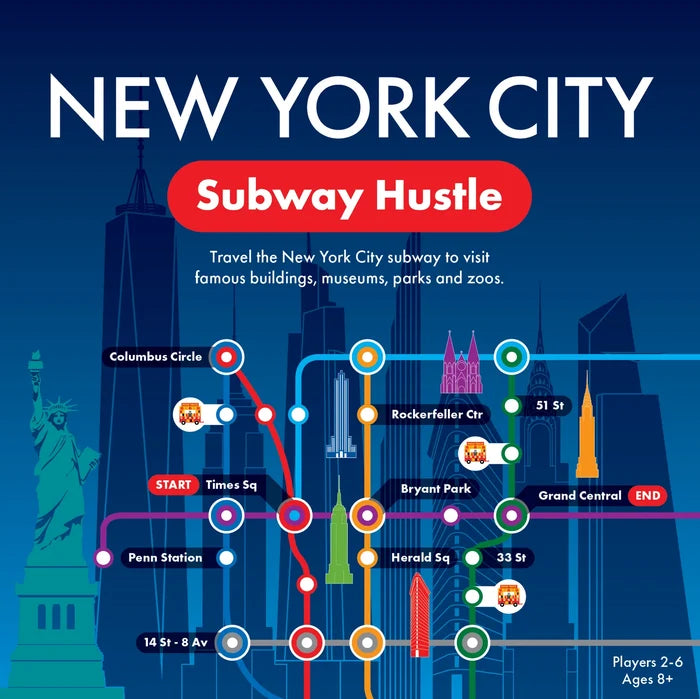 Front cover of the NYC Subway Hustle board game box. The blue-toned artwork features a stylized map-like grid of Manhattan with illustrated landmarks including the Flatiron Building, St. Patrick’s Cathedral, and the Empire State Building, along with local food trucks. Large title text reads “NYC Subway Hustle,” surrounded by subway stop names such as Times Sq., Grand Central, and Rockefeller Center. The design evokes the energy and interconnected transit network of New York City.