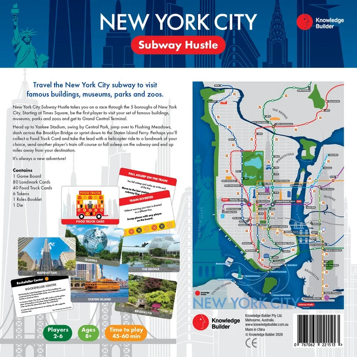 Product image of the NYC Subway Hustle game description page, featuring a New York City map with subway routes, iconic landmarks, a bold “NYC Subway Hustle” title, and details about the game contents.