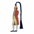 The image shows a small, die‑cut silver bookmark image of Alexander Hamilton standing upright. He wears a red coat with large yellow buttons, a light yellow vest and breeches, and a gray cravat. The bookmark is made of smooth, non‑tarnishing silver‑plated brass, feels firm and cool to the touch, and measures about 1 inch wide and 3.5 inches long. A blue silky cord with a tassel is attached at the top.