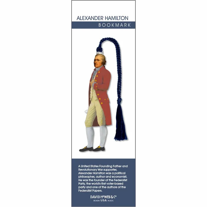The image shows a small, die‑cut silver bookmark depicting Alexander Hamilton standing upright. He wears a red coat with large yellow buttons, a light yellow vest and breeches, and a gray cravat. The bookmark is shown inside a rectangular, recyclable plastic sleeve, with Hamilton’s name centered at the top and text at the bottom listing the offices he held.