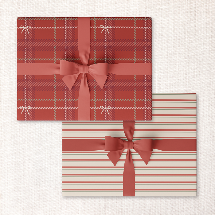 bow tartan + christmas stripe double-sided wrap