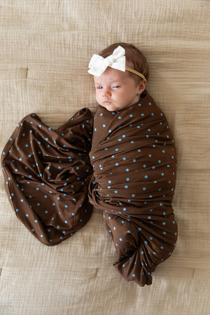 BROWN + BLUE POLKA DOTS | SWADDLE