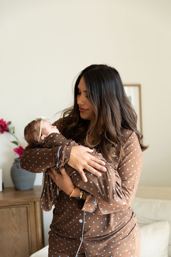 BROWN + BLUE POLKA DOTS | SWADDLE