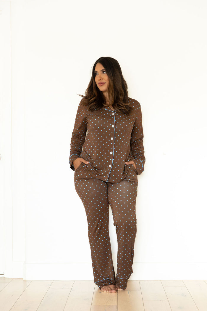 BROWN + BLUE POLKA DOTS | WOMEN'S BUTTON UP LONG SLEEVE SET