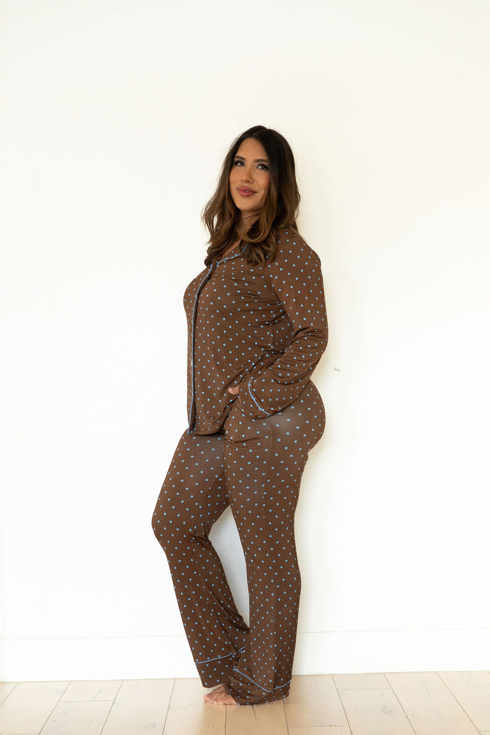 BROWN + BLUE POLKA DOTS | WOMEN'S BUTTON UP LONG SLEEVE SET