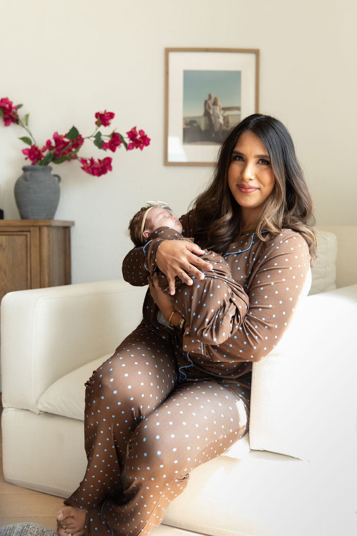 BROWN + BLUE POLKA DOTS | WOMEN'S BUTTON UP LONG SLEEVE SET