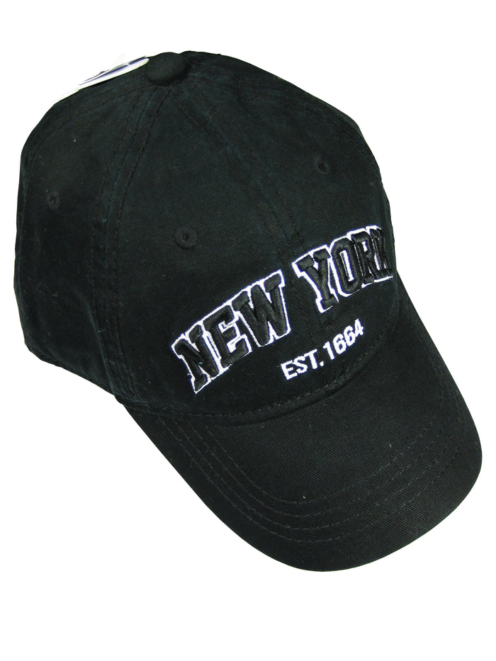 This classic black baseball cap is made from smooth cotton fabric. The front features “New York” in raised black embroidery with a crisp white stitched outline, creating subtle contrast. Centered below, “EST. 1664” appears in smaller raised white lettering. Designed for comfort, it includes an inner sweatband and an adjustable back strap. Simple and timeless, it’s available in multiple colors.
