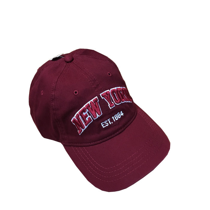 This is a classic burgundy baseball‑style cap with a curved brim and a structured crown made from smooth, sturdy fabric. On the front panel, “New York” is embroidered in raised red stitching outlined in white, with “Est. 1664” stitched below in white. The embroidery is textured and can be felt by touch. Inside, the cap features a comfortable sweatband. An adjustable strap at the back allows it to fit a range of head sizes. Available in multiple colors, the overall style is simple, timeless, and understated.