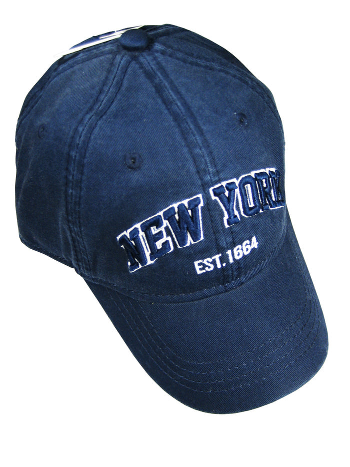 This is a classic navy baseball‑style cap with a curved brim and a structured crown made from smooth, sturdy fabric. On the front panel, “New York” is embroidered in raised navy stitching outlined in white, with “Est. 1664” stitched below in white. The embroidery is textured and can be felt by touch. Inside, the cap features a comfortable sweatband. An adjustable strap at the back allows it to fit a range of head sizes. Available in multiple colors, the overall style is simple, timeless, and understated.