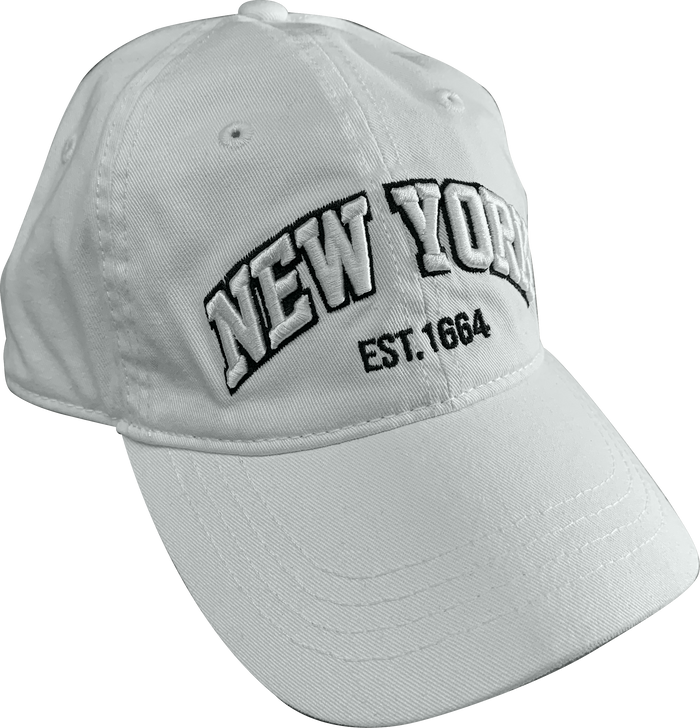 This is a classic white baseball‑style cap with a curved brim and a structured crown made from smooth, sturdy fabric. On the front panel, “New York” is embroidered in raised white stitching outlined in black, with “Est. 1664” stitched below in black. The embroidery is textured and can be felt by touch. Inside, the cap features a comfortable sweatband. An adjustable strap at the back allows it to fit a range of head sizes.
