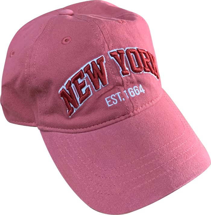 This is a classic rose colored baseball‑style cap with a curved brim and a structured crown made from smooth, sturdy fabric. On the front panel, “New York” is embroidered in raised red stitching outlined in white, with “Est. 1664” stitched below in white below. The embroidery is textured and can be felt by touch. Inside, the cap features a comfortable sweatband. An adjustable strap at the back allows it to fit a range of head sizes.
