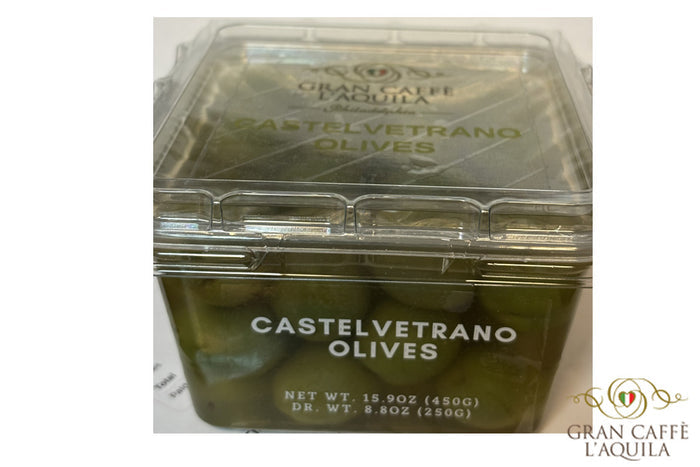 CASTELVETRANO OLIVES - GRAN CAFFE L'AQUILA - (450g with liquid, 250g drained)