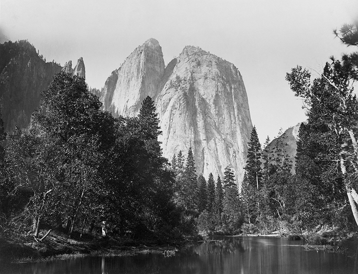 Cathedral Rocks, with lake and trees in foreground, Yosemite Valley, Calif.