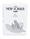 Notecard set with a white background and a title of "The New Yorker Cats". Below the title is a black and white cartoon of a cat at a dining table reading a book titled "How to be Super Annoying and Cute".