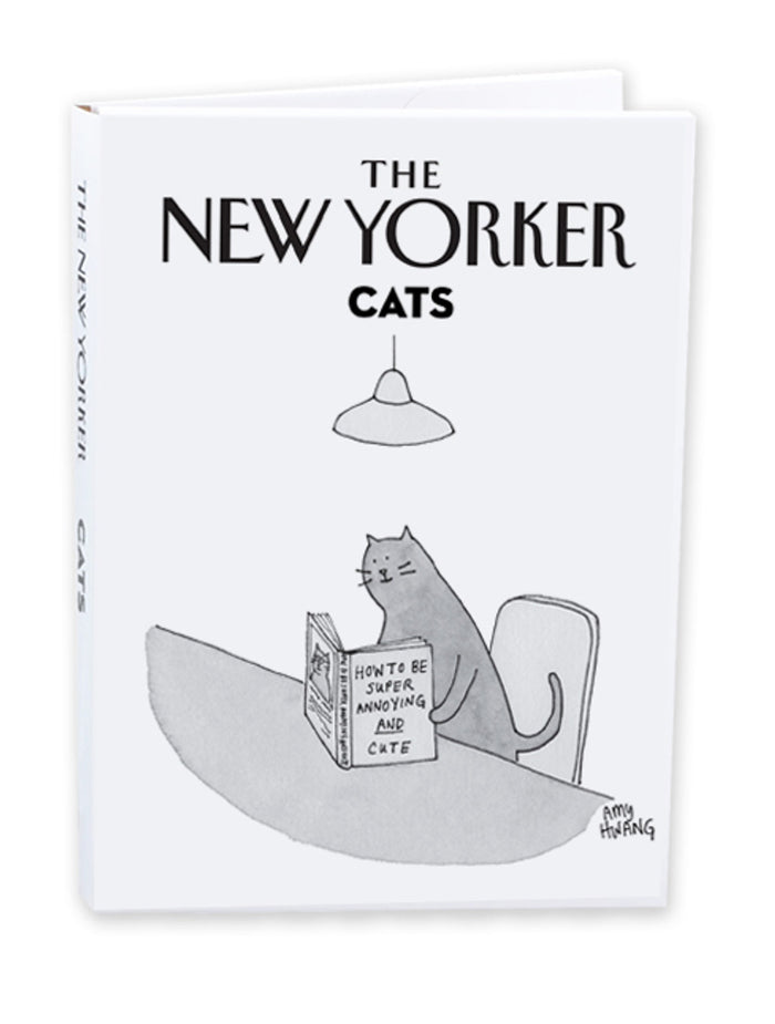 Notecard set with a white background and a title of "The New Yorker Cats". Below the title is a black and white cartoon of a cat at a dining table reading a book titled "How to be Super Annoying and Cute".