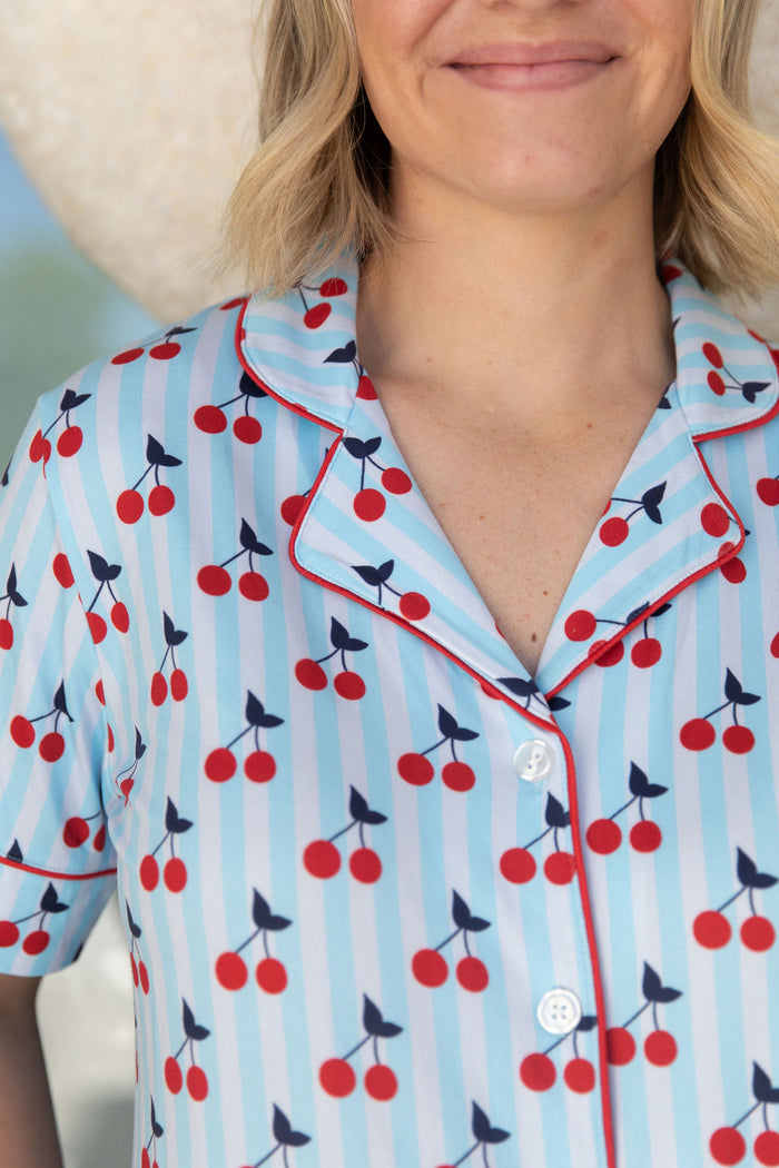 CHERRY STRIPES | WOMEN'S SHORT SLEEVE SHORTS SET