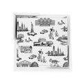A set of flat, 4-inch square coasters made from smooth,  vegan leather. Each coaster has a white background printed with delicate line drawings in black inspired by classic toile patterns. The illustrations show small New York City scenes—tiny buildings, bridges, trees, and people—arranged like a repeating story across the surface. The texture is even and matte. The set comes with a simple white holder that feels like a small open box.
