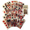 A set of reproduction 18th‑century playing cards, printed on matte, heavy‑weight aged card stock to evoke an Old World feel. Each card features finely detailed artwork and blank backs, just as playing cards were made before the 19th century. The full deck includes 52 four‑suited cards, rendered in a classic palette of red, black, and orange against a warm sepia‑toned background that recalls the look and feel of the period.
