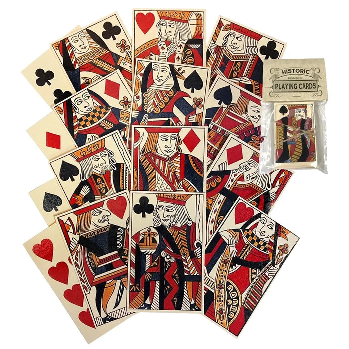 A set of reproduction 18th‑century playing cards, printed on matte, heavy‑weight aged card stock to evoke an Old World feel. Each card features finely detailed artwork and blank backs, just as playing cards were made before the 19th century. The full deck includes 52 four‑suited cards, rendered in a classic palette of red, black, and orange against a warm sepia‑toned background that recalls the look and feel of the period.